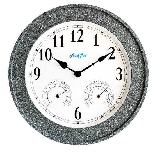 clock, wall, outdoor, indoor, decor, decorative, quiet, no noise, non ticking, thermometer, temperature, humidity waterproof, room, battery, kitchen, bathroom, living room, office, home, patio, garden, weatherproof, quality, quartz, easy to read, school